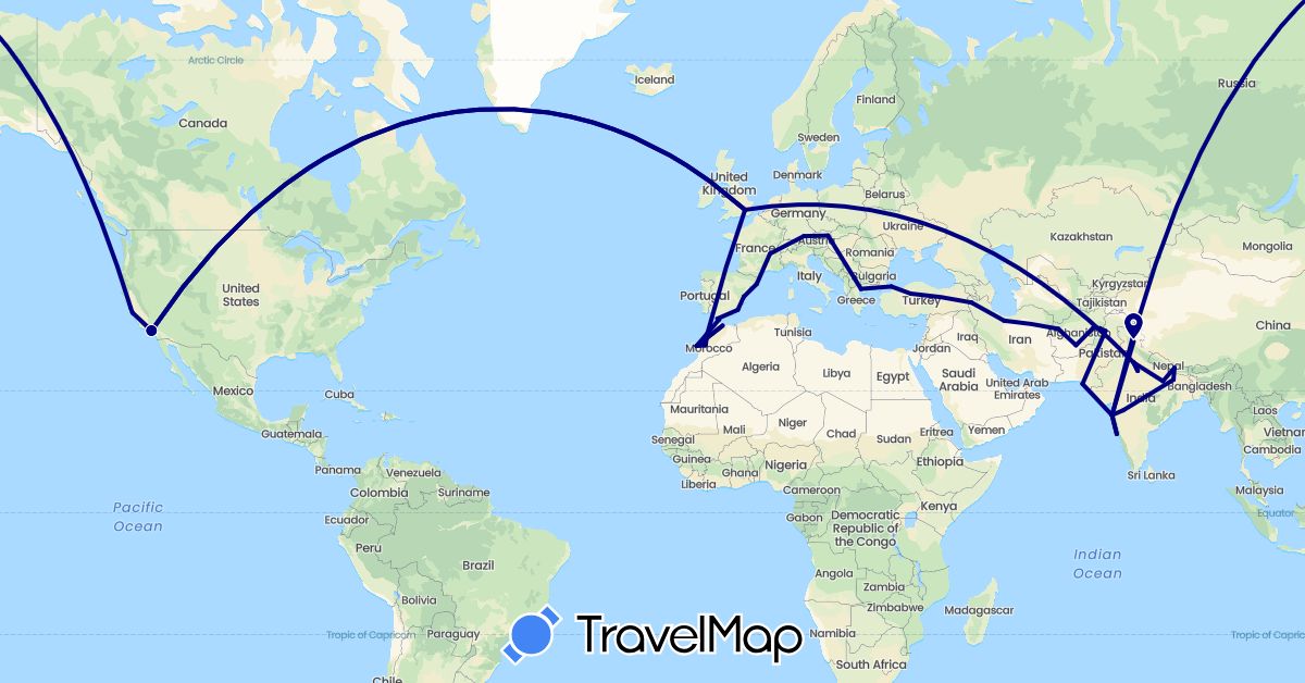 TravelMap itinerary: driving in Afghanistan, Austria, Germany, Spain, France, United Kingdom, Greece, India, Iran, Morocco, Nepal, Pakistan, Turkey, United States (Africa, Asia, Europe, North America)